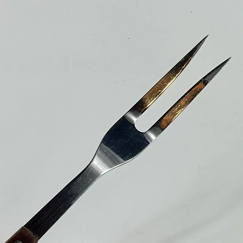 Vintage Stainless Japan Carving Fork Wood Handle Two Prong BBQ Kitchen Utensil